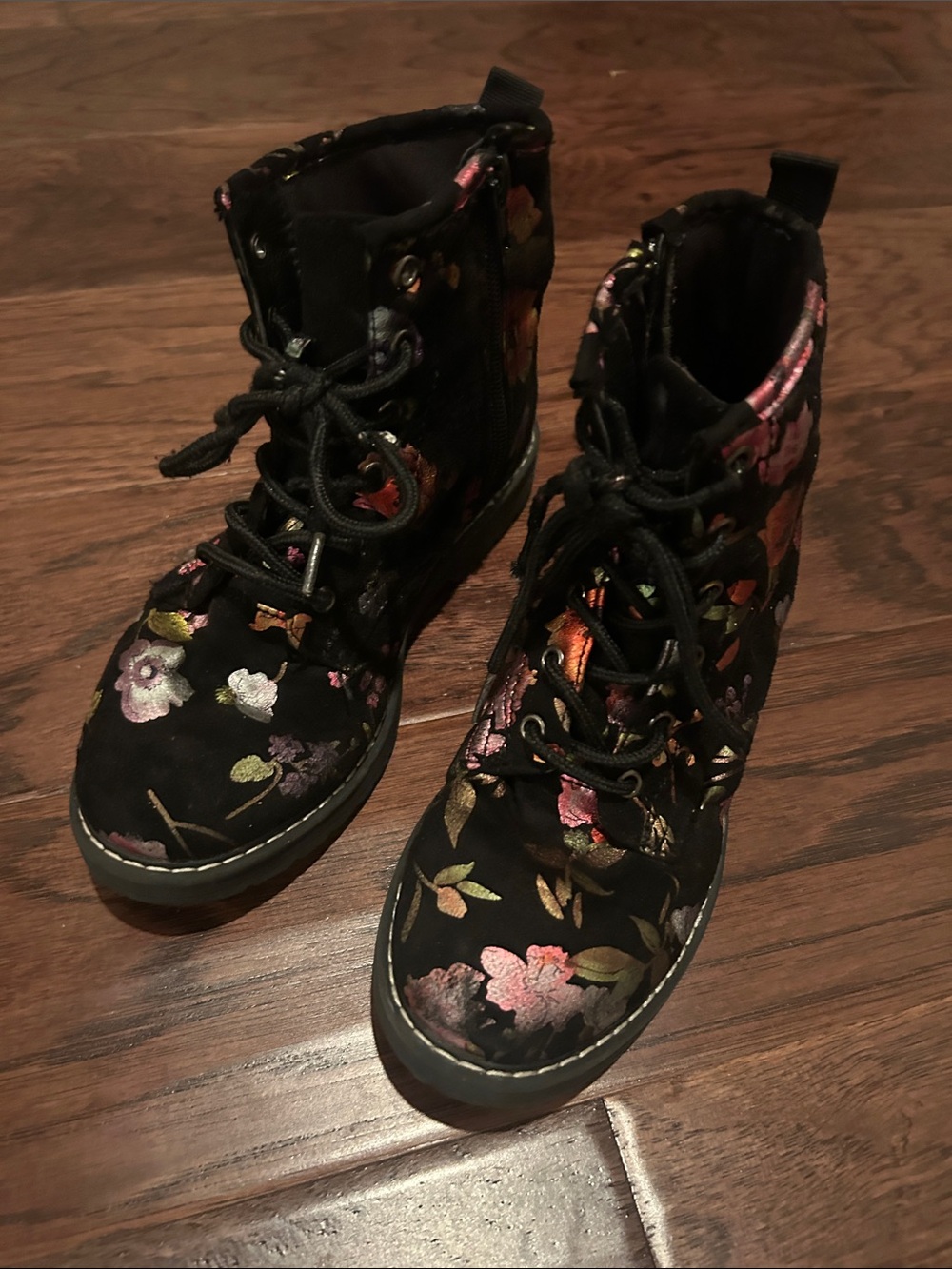 Steve Madden Mettalic Floral Embroidered Black Lace-Up Combat Boots